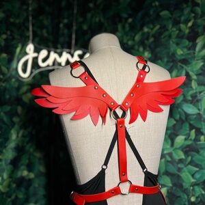 Fallen Angel Wing Harness – Red Vegan Leather Adjustable Body Harness